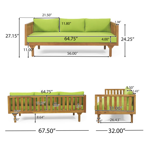 Acacia Wood Patio Furniture Set,Outdoor 3 Seater Daybed(with Water Resistant Thick Cushions)and Round Coffee Table, Green Cushion