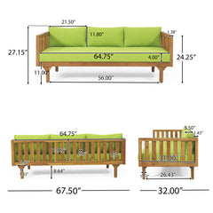 Acacia Wood Patio Furniture Set,Outdoor 3 Seater Daybed(with Water Resistant Thick Cushions)and Round Coffee Table, Green Cushion