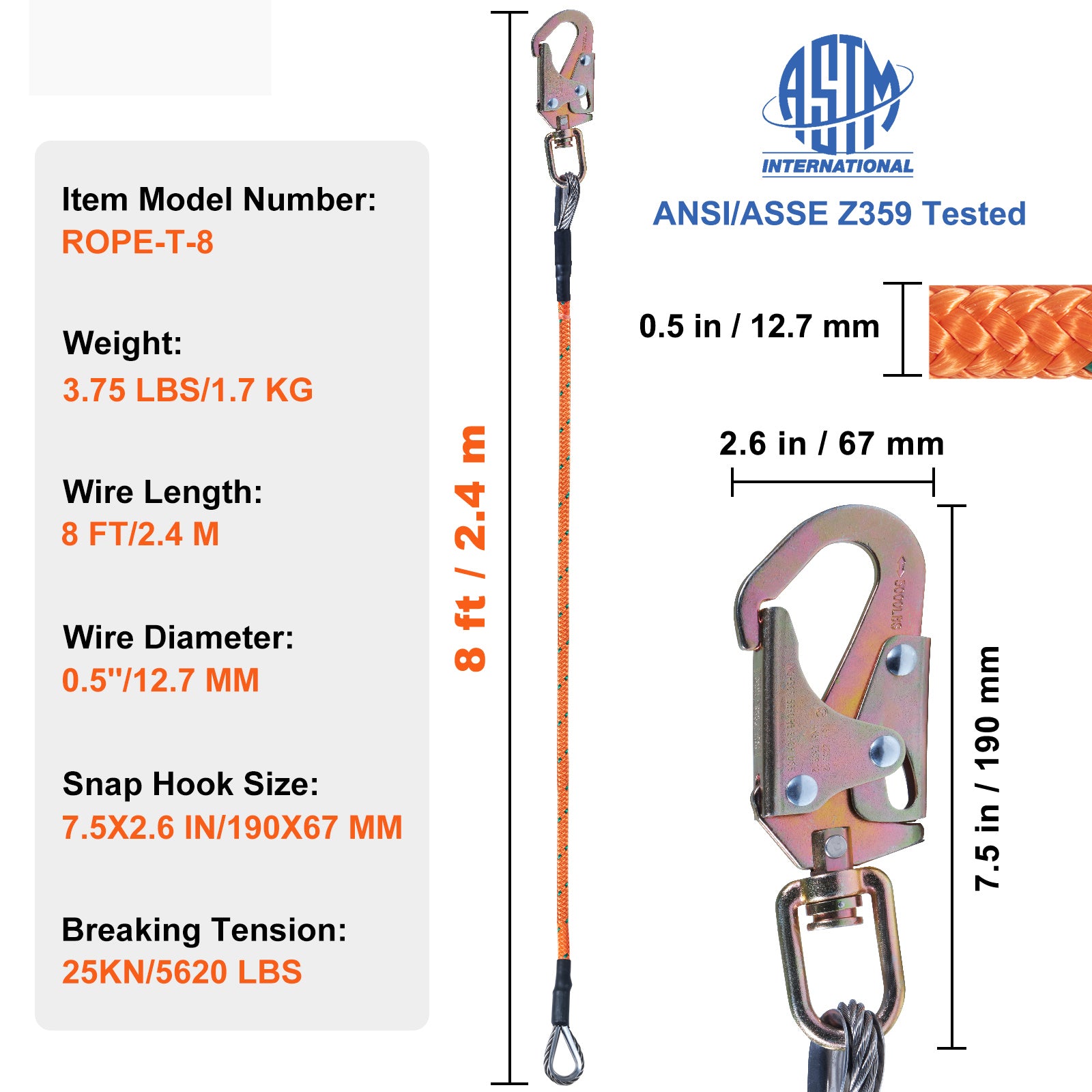 Steel Core flipline, 1/2" x 8' Arborist Flipline, Flip Line for Tree Climbing with Alloy Steel Snap Hook, Aluminum Alloy Carabiner and Extra Tool Lanyard, for Arborist, Tree Climbers