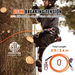Steel Core flipline, 1/2" x 8' Arborist Flipline, Flip Line for Tree Climbing with Alloy Steel Snap Hook, Aluminum Alloy Carabiner and Extra Tool Lanyard, for Arborist, Tree Climbers