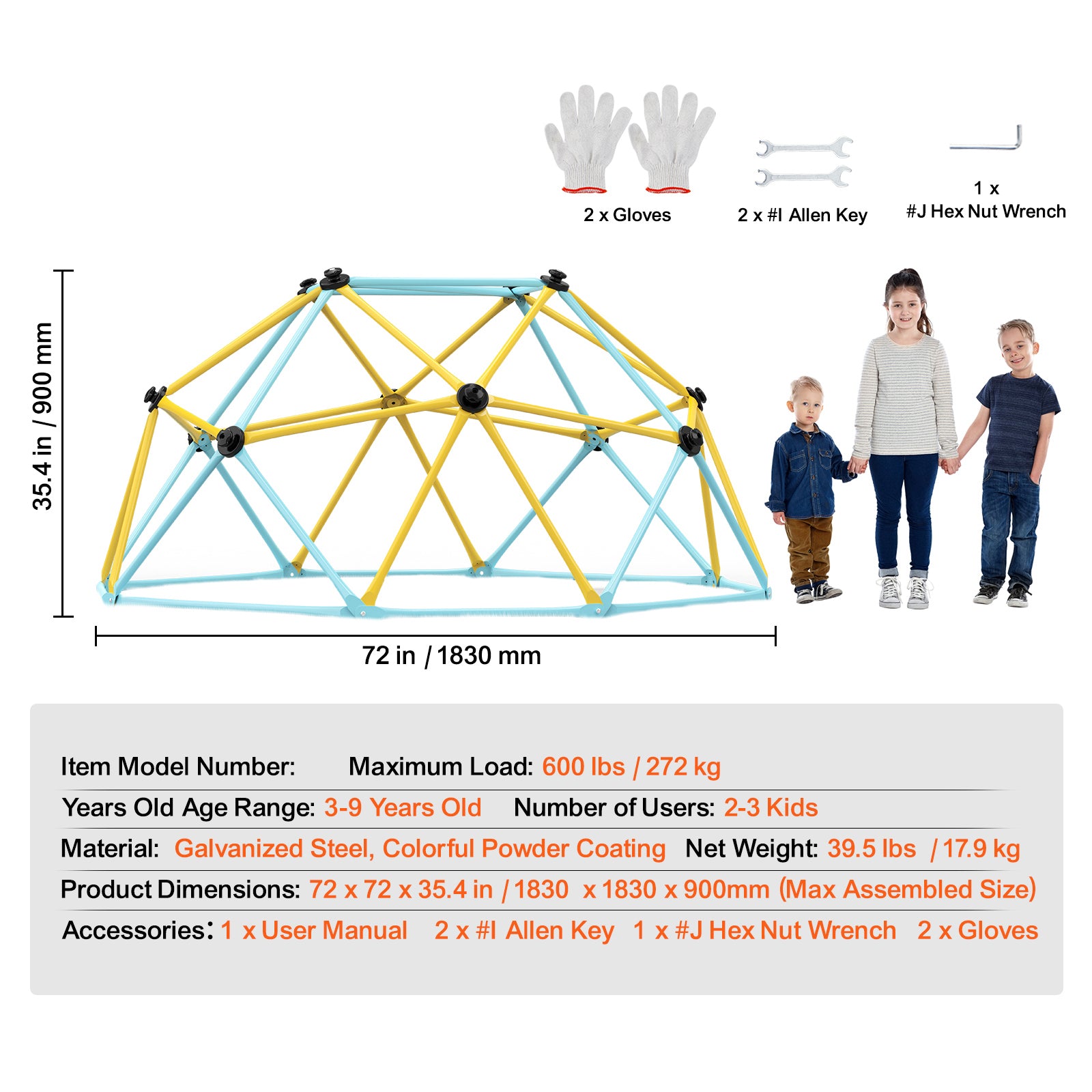 Climbing Dome, Jungle Gym Supports 600LBS and Easy Assembly, 6FT Geometric Dome Climber Play Center for Kids 3 to 9 Years Old, with Climbing Grip, Outdoor and Indoor Play Equipment for Kids