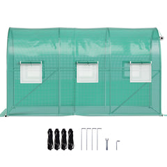 Walk-in Tunnel Greenhouse, 12 x 7 x 7 ft Portable Plant Hot House w/ Galvanized Steel Hoops, 1 Top Beam, Diagonal Poles, Zippered Door & 6 Roll-up Windows, Green