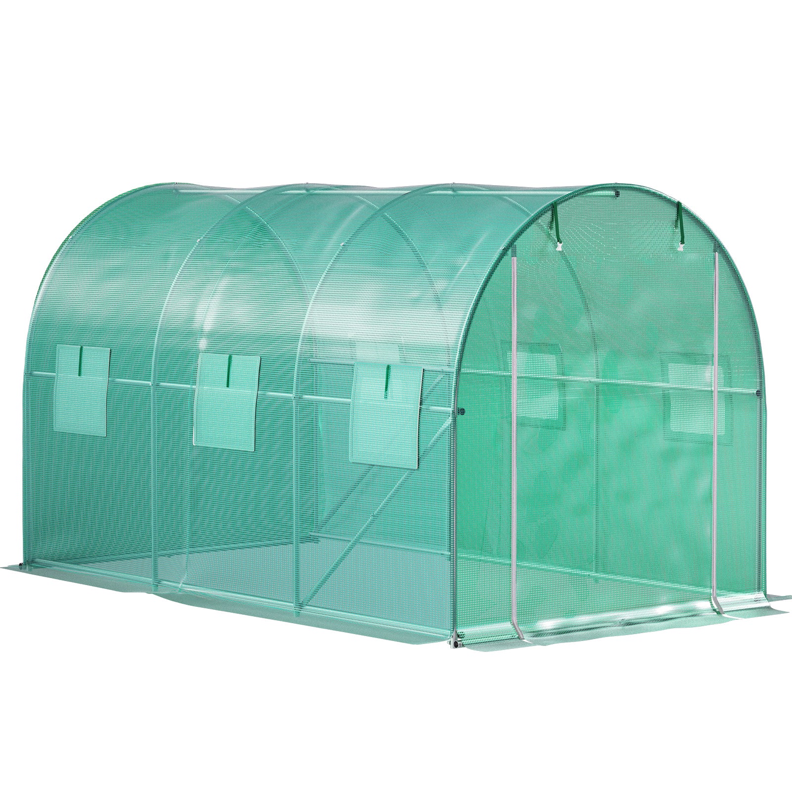Walk-in Tunnel Greenhouse, 12 x 7 x 7 ft Portable Plant Hot House w/ Galvanized Steel Hoops, 1 Top Beam, Diagonal Poles, Zippered Door & 6 Roll-up Windows, Green