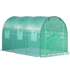 Walk-in Tunnel Greenhouse, 12 x 7 x 7 ft Portable Plant Hot House w/ Galvanized Steel Hoops, 1 Top Beam, Diagonal Poles, Zippered Door & 6 Roll-up Windows, Green