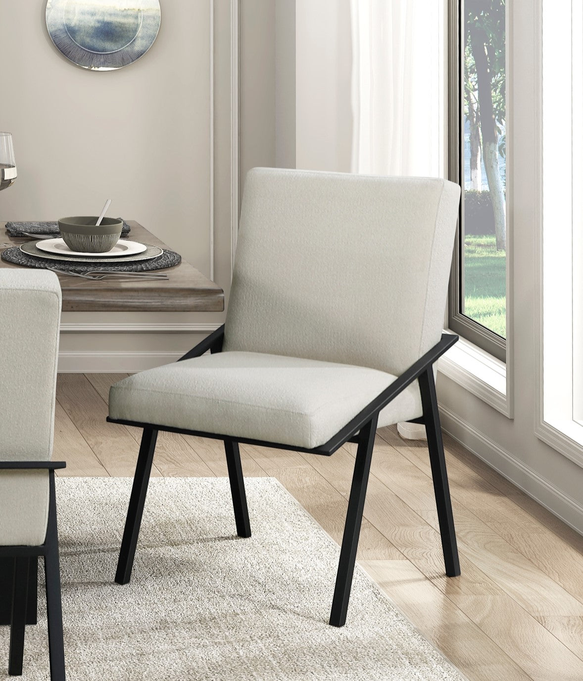Black Metal Base Contemporary Side Chairs Set of 2pc, Cream Fabric Upholstered Dining Furniture