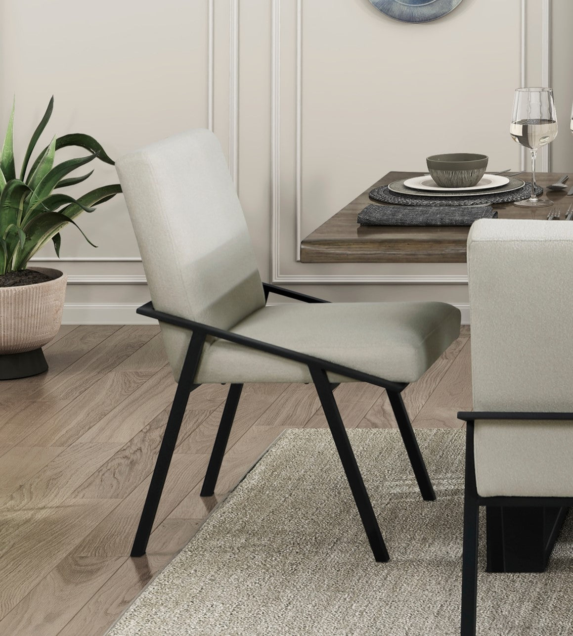 Black Metal Base Contemporary Side Chairs Set of 2pc, Cream Fabric Upholstered Dining Furniture