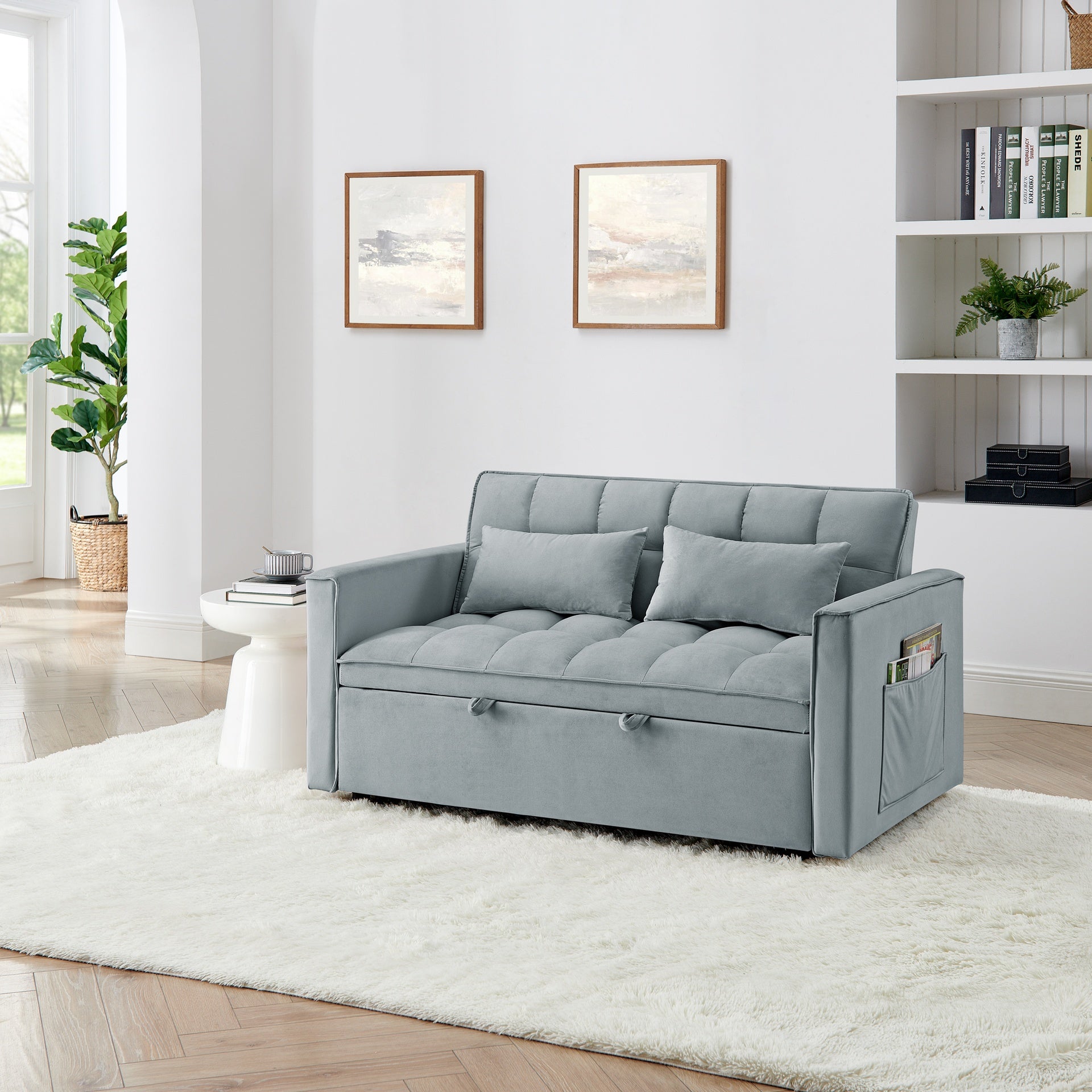 54.33 inch versatile foldable sofa bed in 3 lengths, modern sofa  velvet pull-out bed, adjustable back (Light Gray)