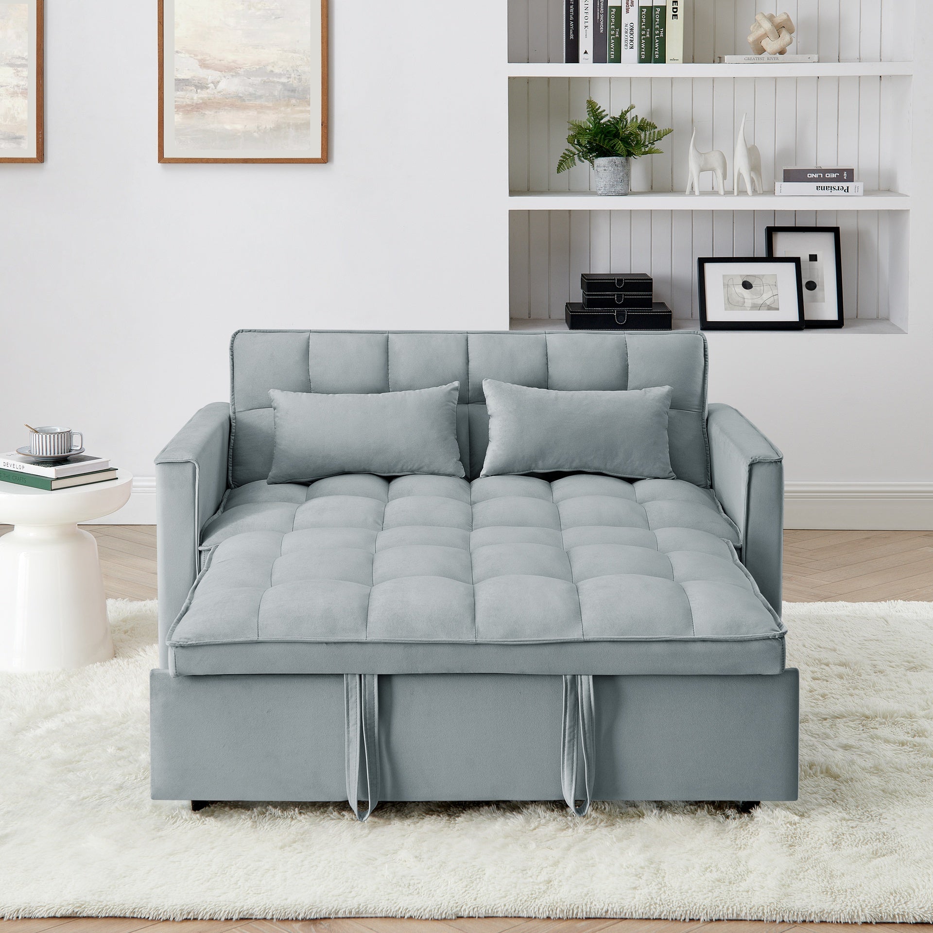 54.33 inch versatile foldable sofa bed in 3 lengths, modern sofa  velvet pull-out bed, adjustable back (Light Gray)