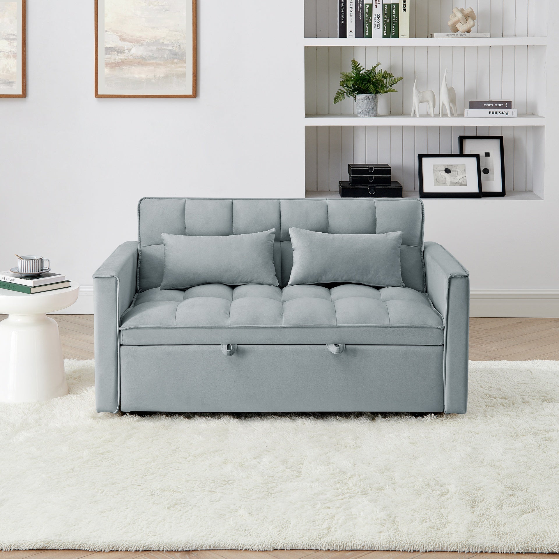 54.33 inch versatile foldable sofa bed in 3 lengths, modern sofa  velvet pull-out bed, adjustable back (Light Gray)