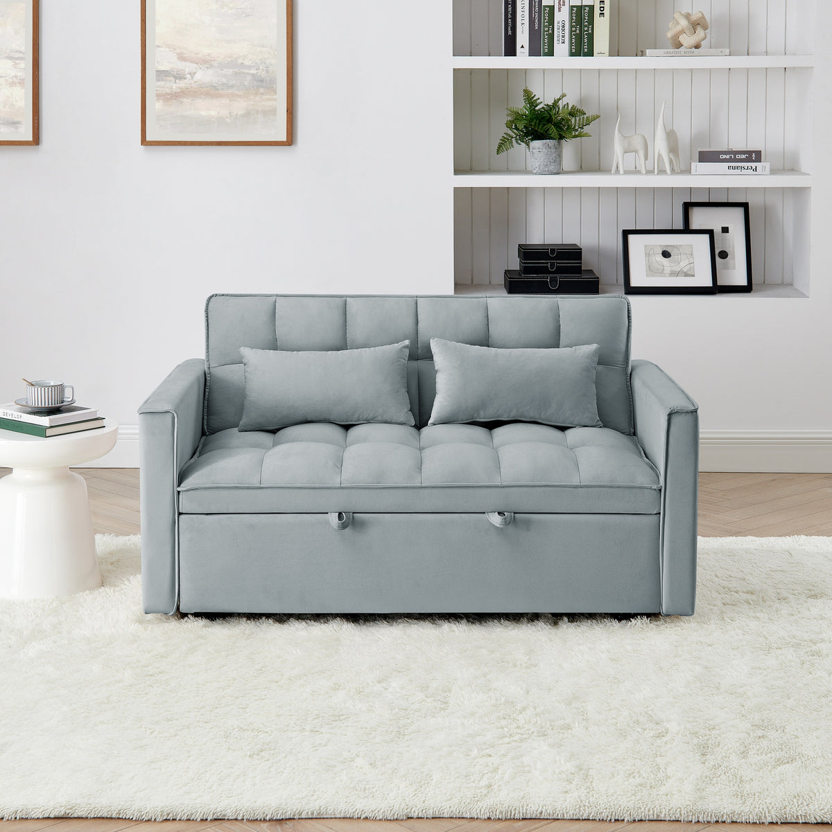 54.33 inch versatile foldable sofa bed in 3 lengths, modern sofa  velvet pull-out bed, adjustable back (Light Gray)