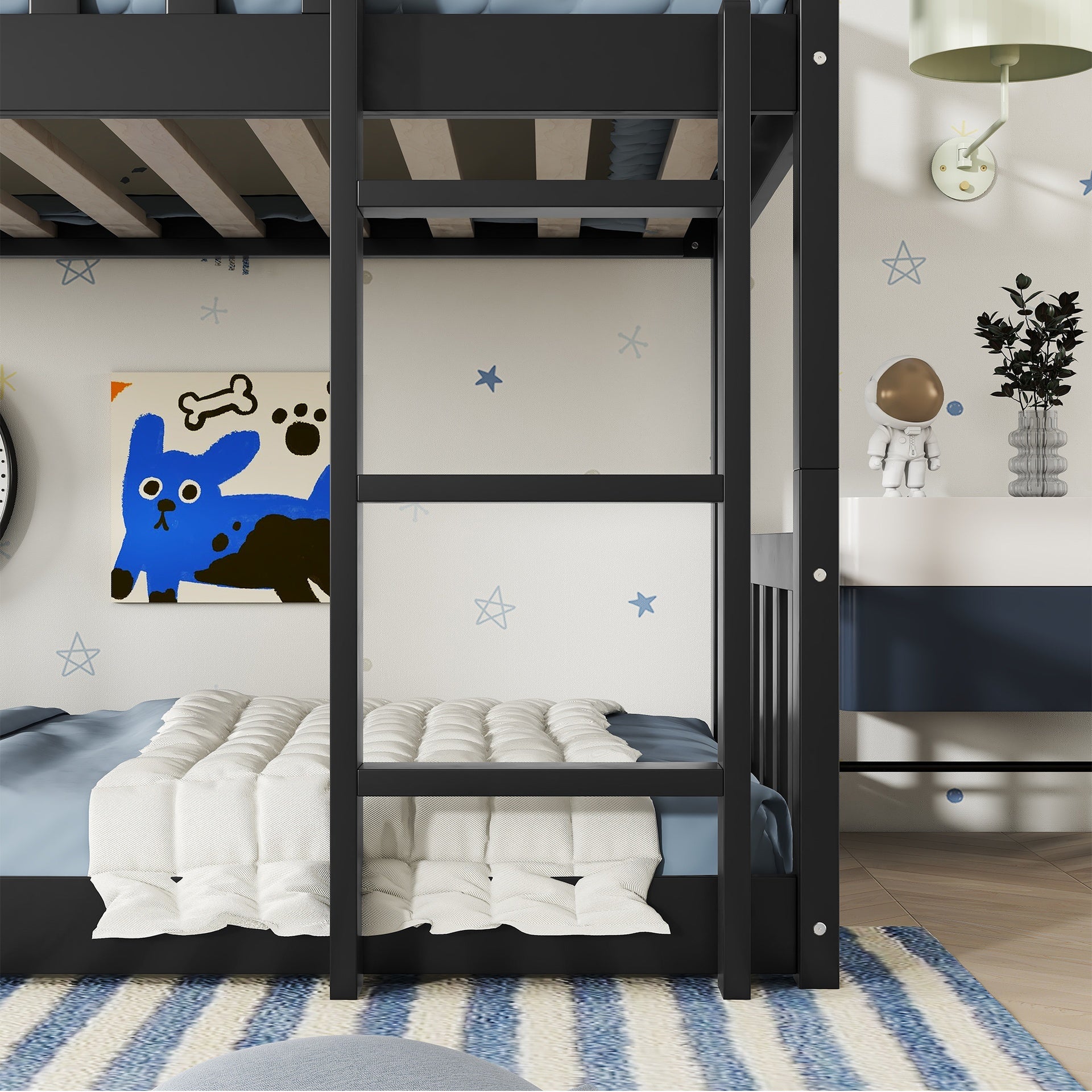 Twin Size Triple Rubber Wood Bunk Bed, with Ladders, Guardrails Detachable Bunk Bed, Twin over Twin over Twin,,Black