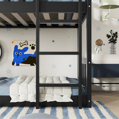 Twin Size Triple Rubber Wood Bunk Bed, with Ladders, Guardrails Detachable Bunk Bed, Twin over Twin over Twin,,Black