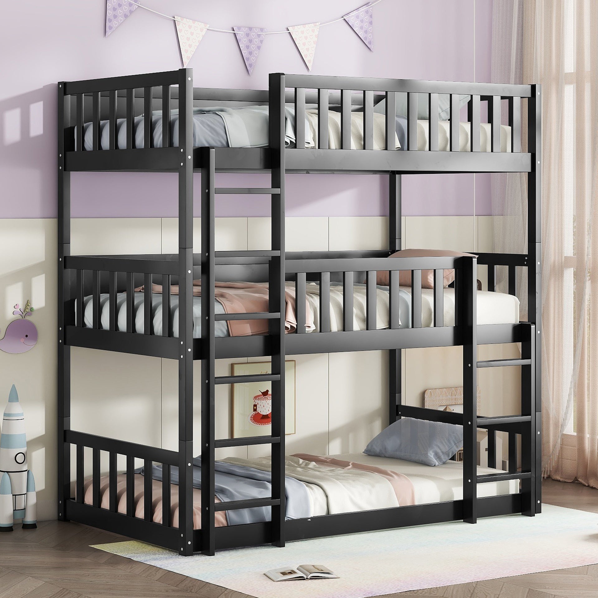 Twin Size Triple Rubber Wood Bunk Bed, with Ladders, Guardrails Detachable Bunk Bed, Twin over Twin over Twin,,Black