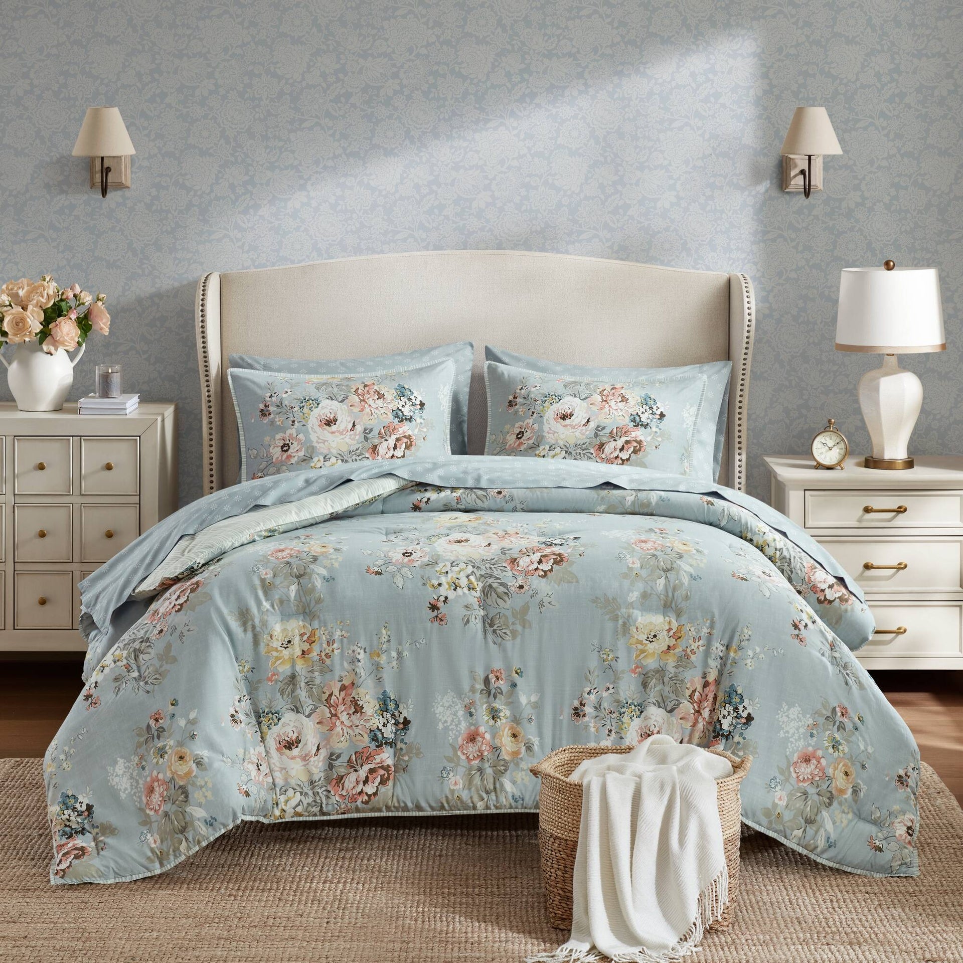 7-Piece Full 7 Piece Vintage-inspired Collection floral print,Soft Blue