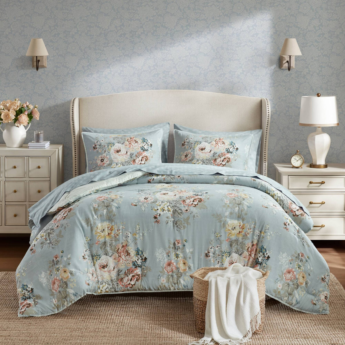 7-Piece Full 7 Piece Vintage-inspired Collection floral print,Soft Blue