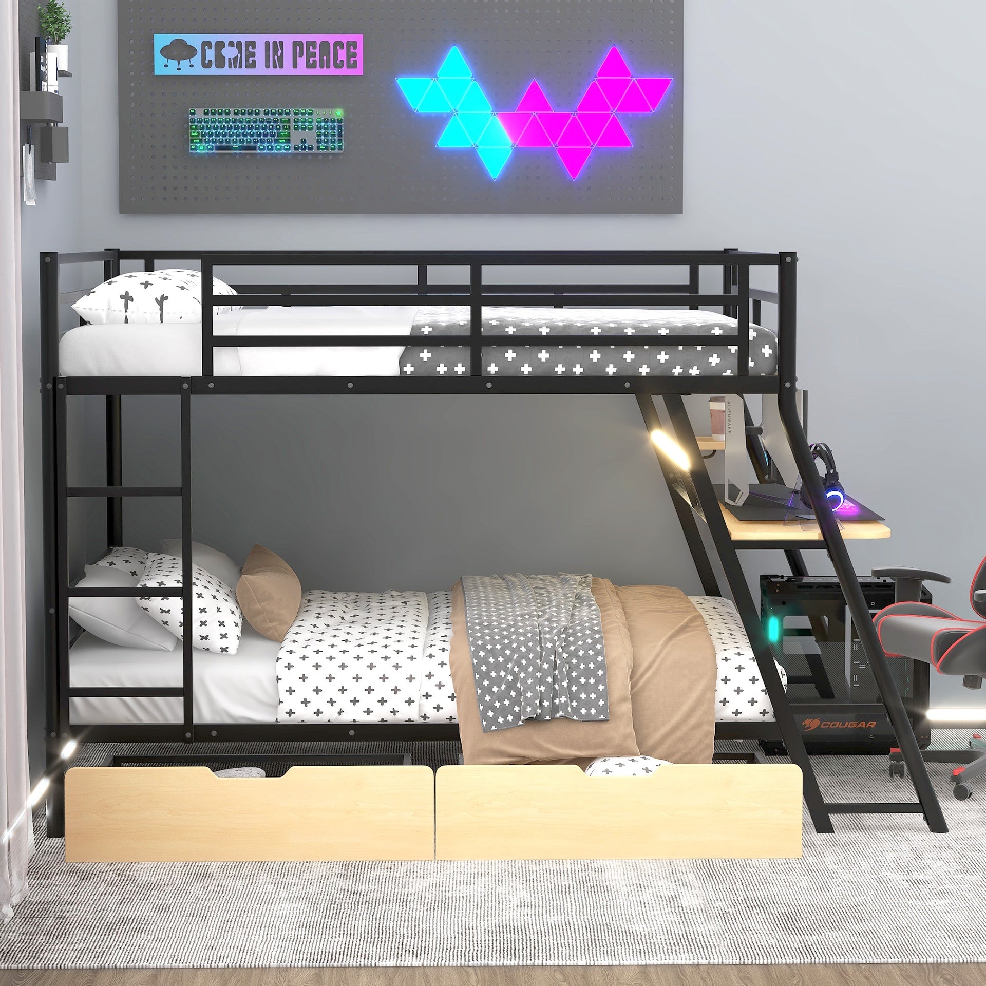 Full Size Metal Bunk Bed with Built-in Desk, Light and 2 Drawers, Black
