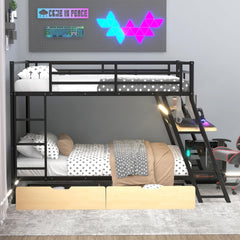 Full Size Metal Bunk Bed with Built-in Desk, Light and 2 Drawers, Black