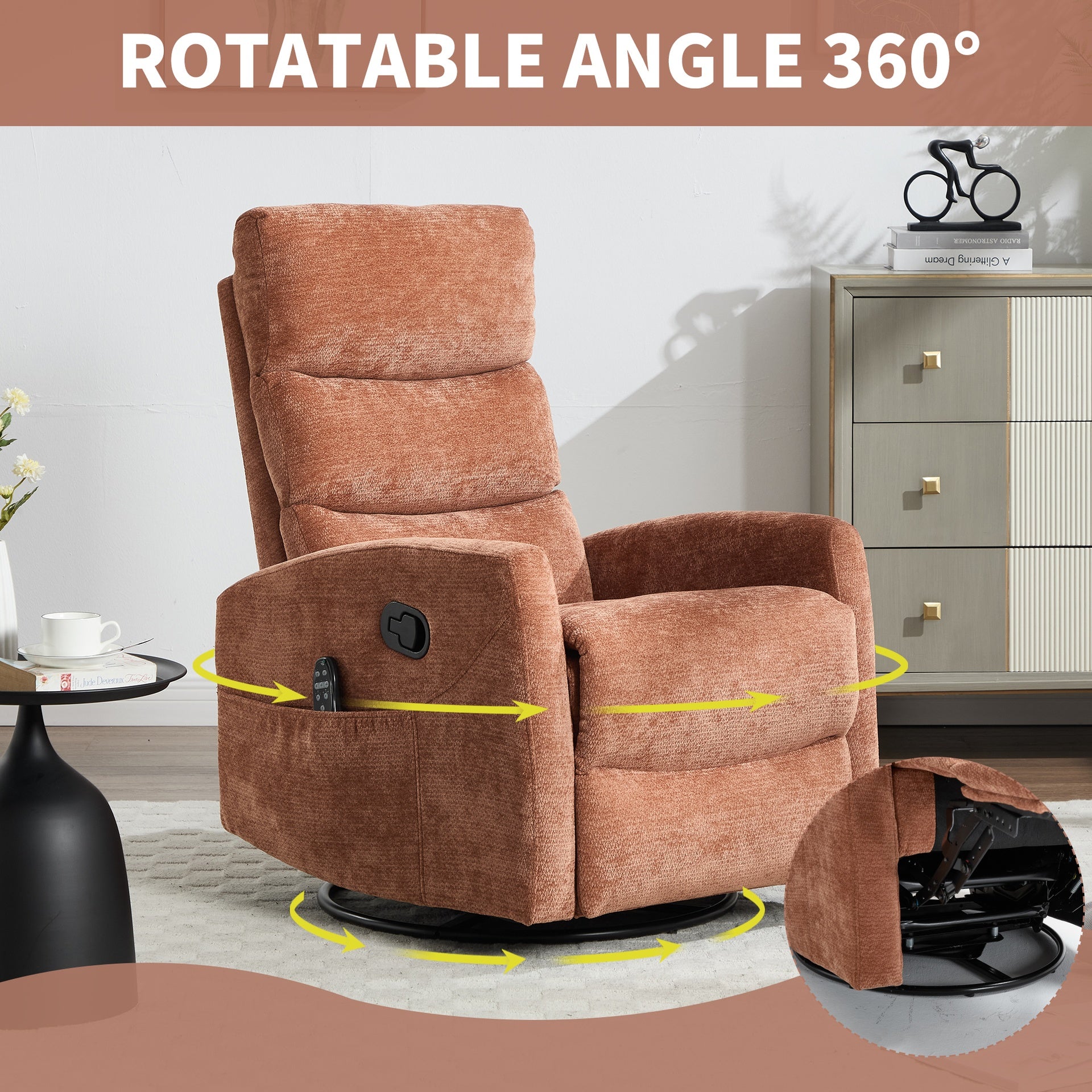 Heat Massage Manual Recliner Chair with Rocker and Swivel in Fabric for Living Room, Orange