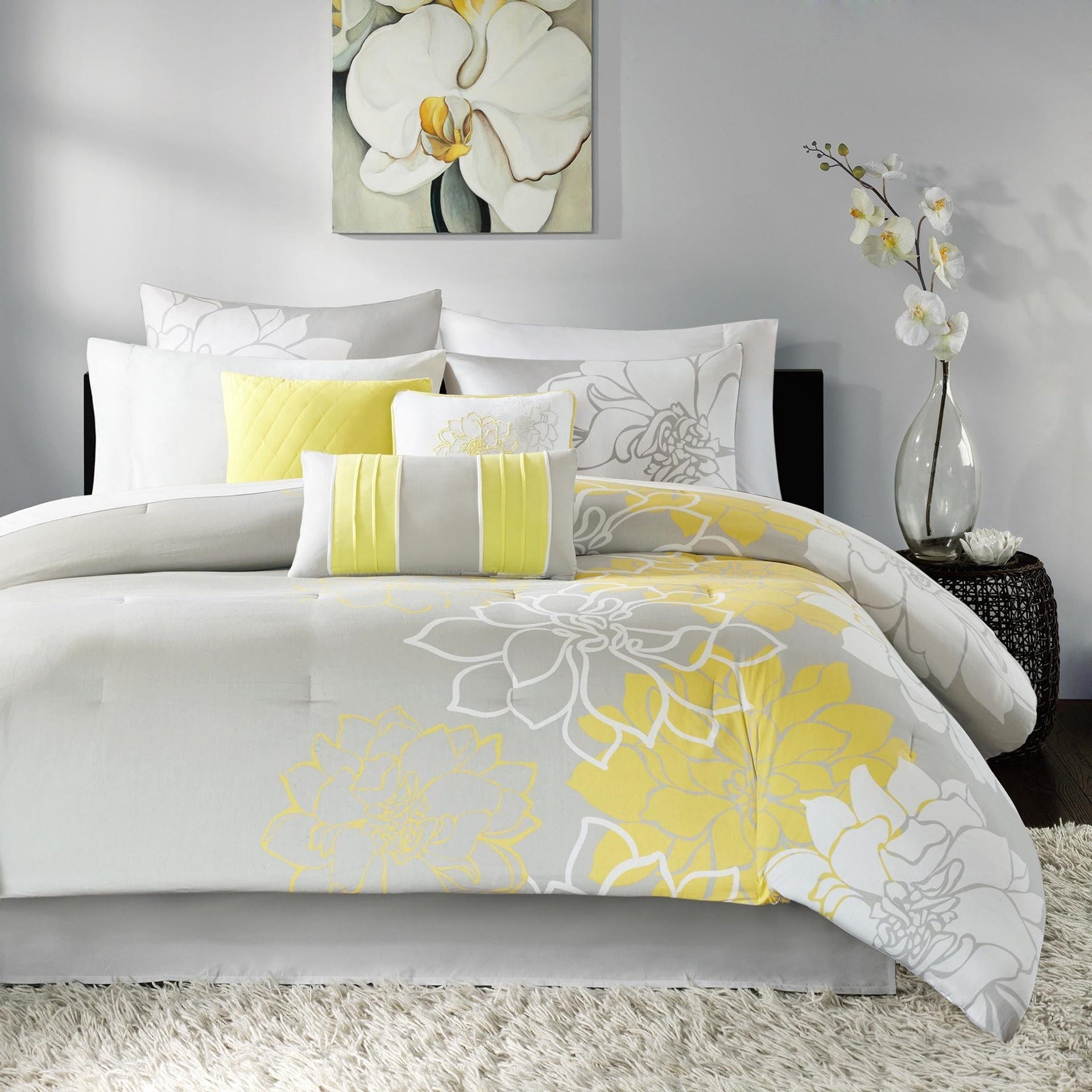 Printed Cotton Sateen Comforter Set Taupe Grey/Yellow Queen