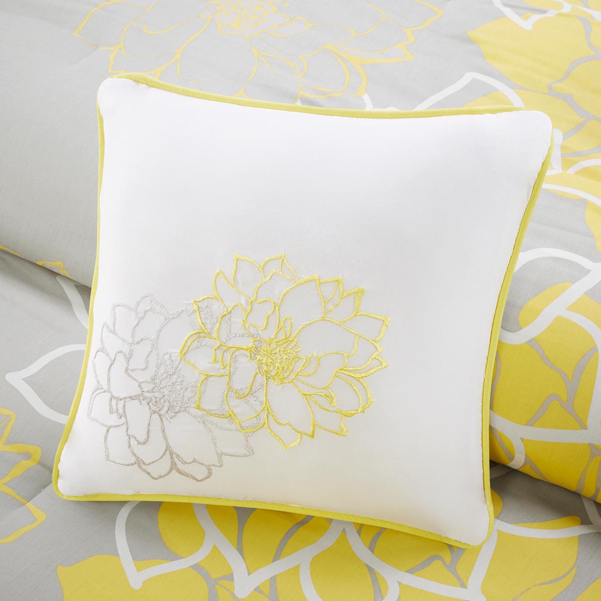 Printed Cotton Sateen Comforter Set Taupe Grey/Yellow Queen