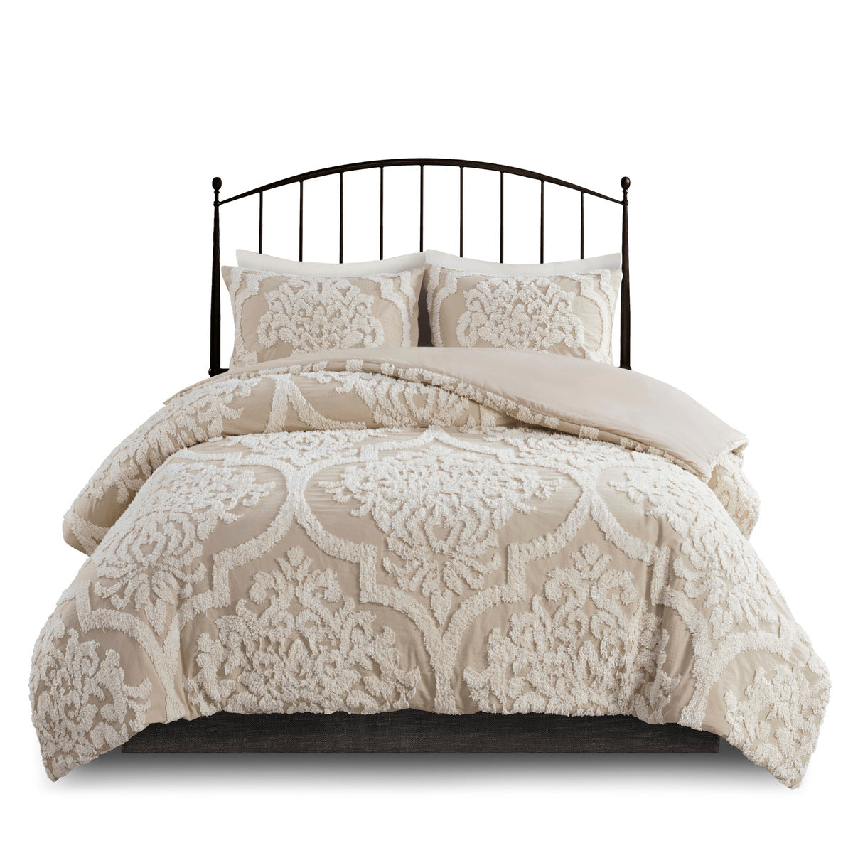 3 piece Tufted Cotton Chenille Damask Comforter Set Taupe King/Cal King