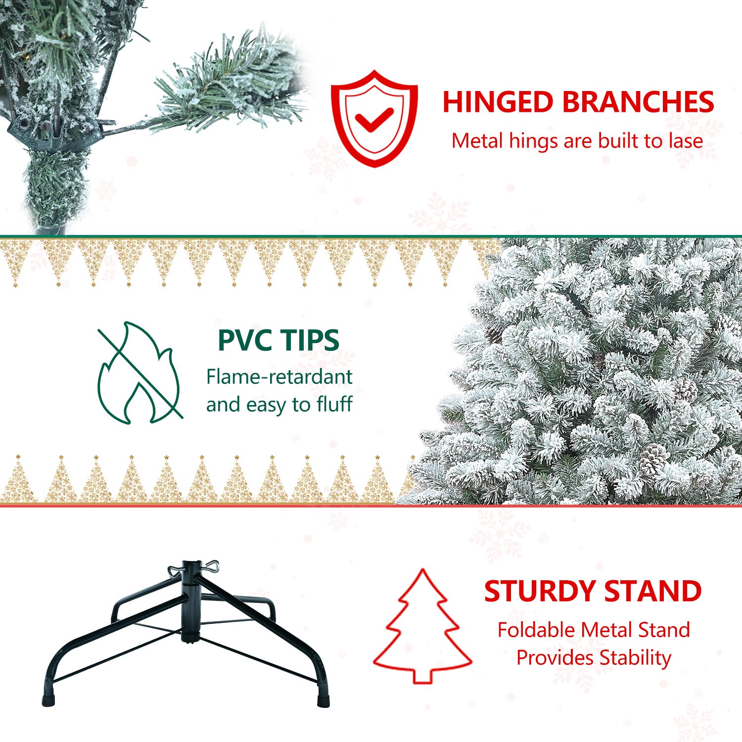 7FT Flocked Christmas Tree with Pine Cones – Snowy PVC Artificial Holiday Tree, 1124 Tips, 45 Natural Pinecones, Sturdy Metal Stand, Full Shape for Seasonal Decoration