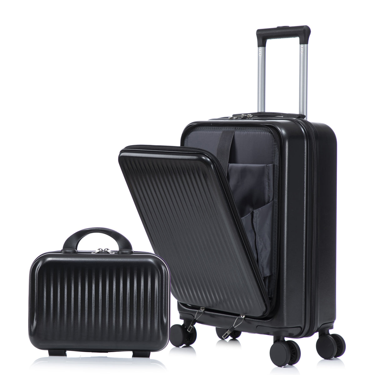 14"/20" 2 pcs/set in ABS Spinner Wheel Luggage, with Combination Lock and Front Opening Design, 14" Cosmetic Case (Black)