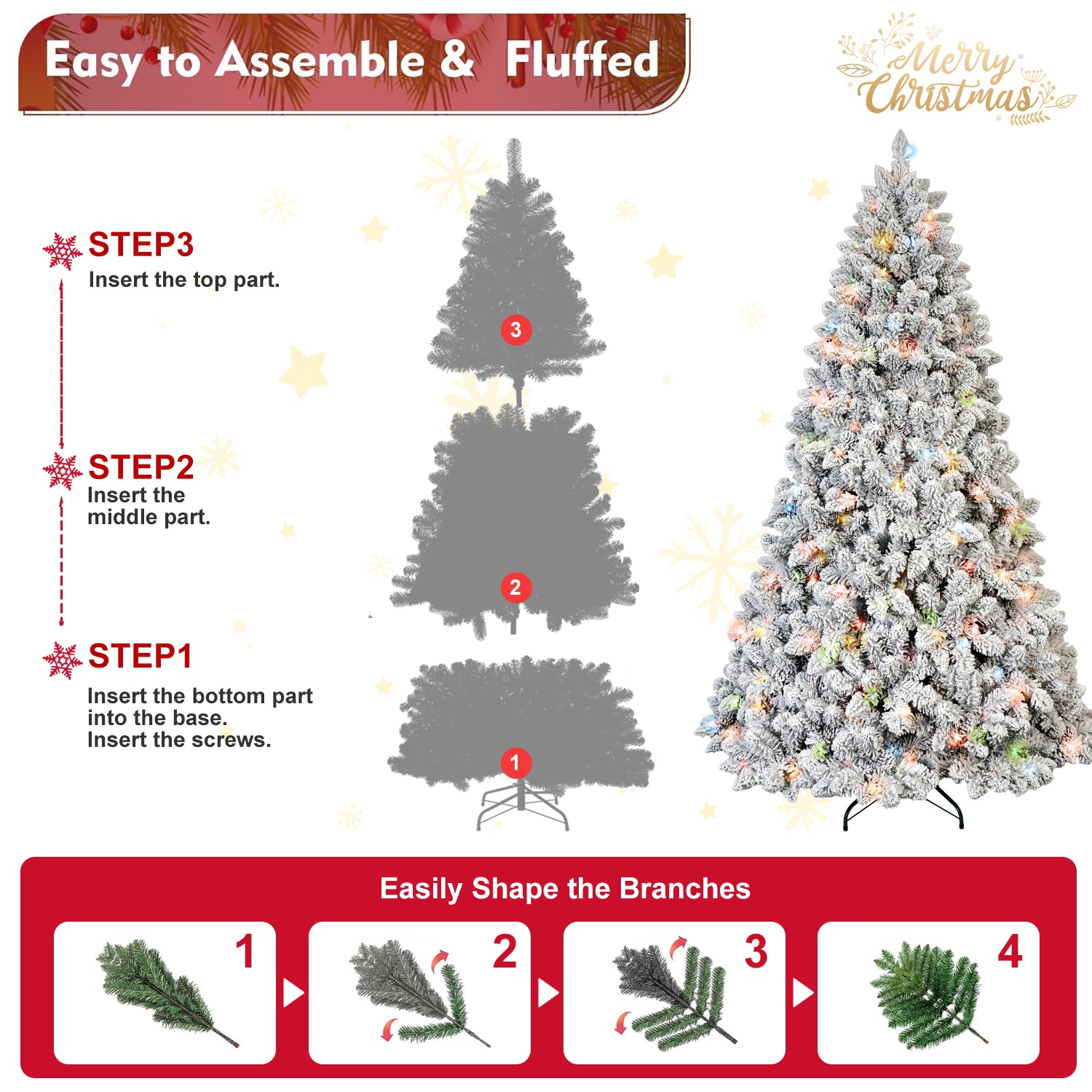 4FT Flocked Christmas Tree with 150 Colorful UL Lights and 21 Natural Pine Cones – 366 Snowy PVC Tips, Hinged Branches, Stable Metal Stand, Easy Setup