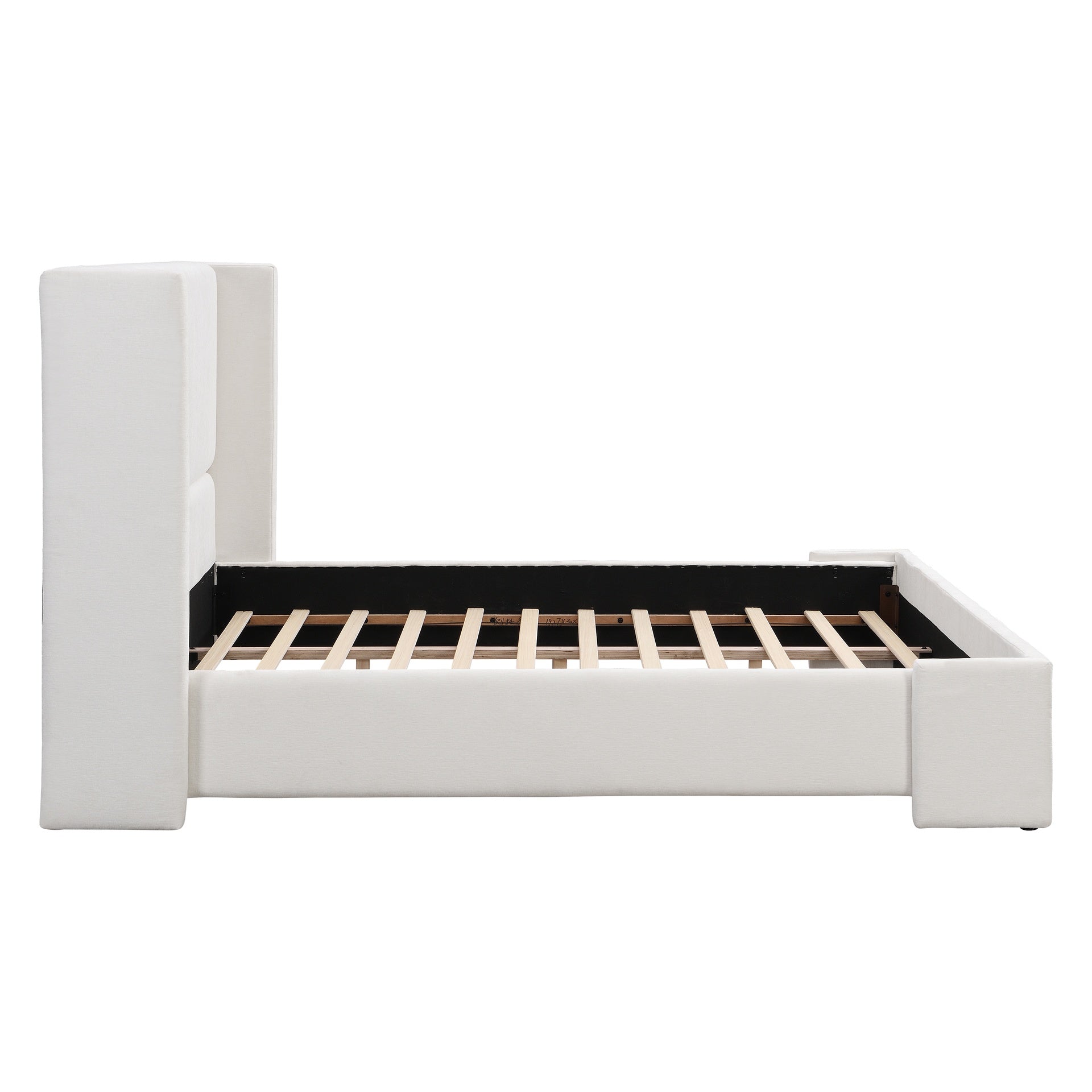 Elegant White Fabric Upholstered Bed with Tall Headboard, White, KING