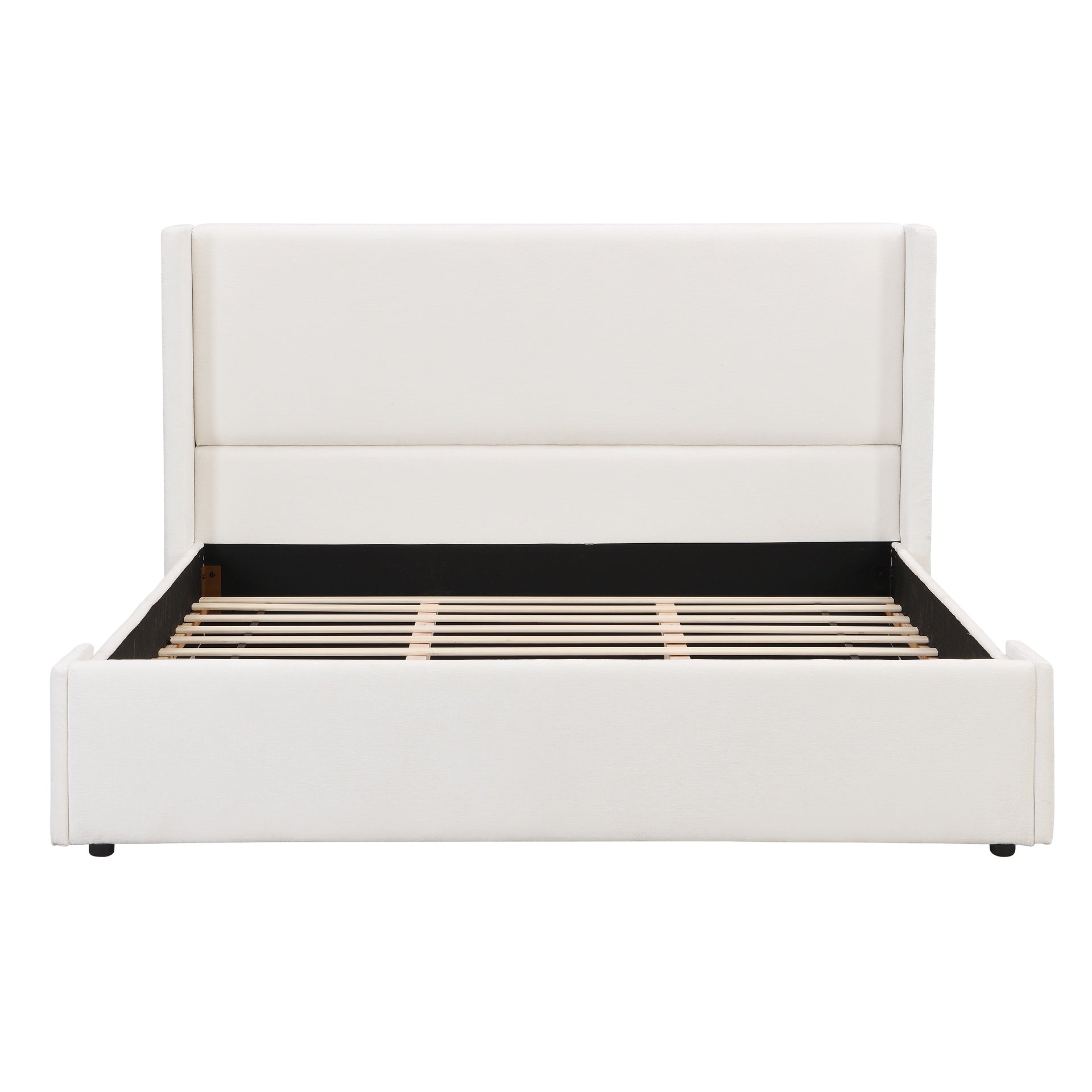Elegant White Fabric Upholstered Bed with Tall Headboard, White, KING