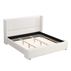 Elegant White Fabric Upholstered Bed with Tall Headboard, White, KING
