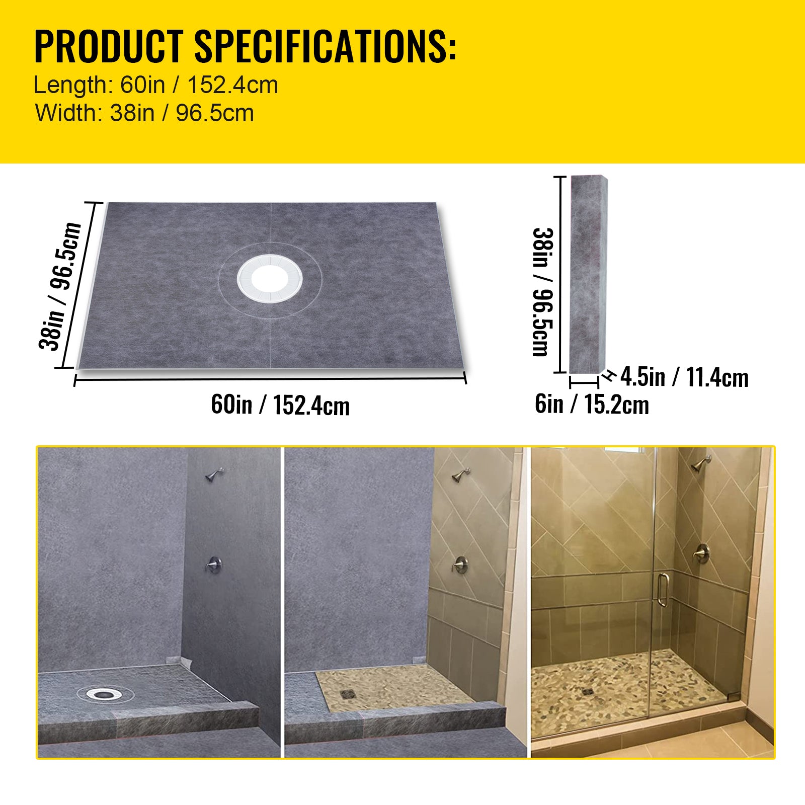 Shower Curb Kit, 38"x60" Watertight Shower Curb Overlay with 4" ABS Central Bonding Flange, 4" Stainless Steel Grate, 2 Cuttable Shower Curb and Trowel, Shower Pan Slope Sticks Fit for Bathroom