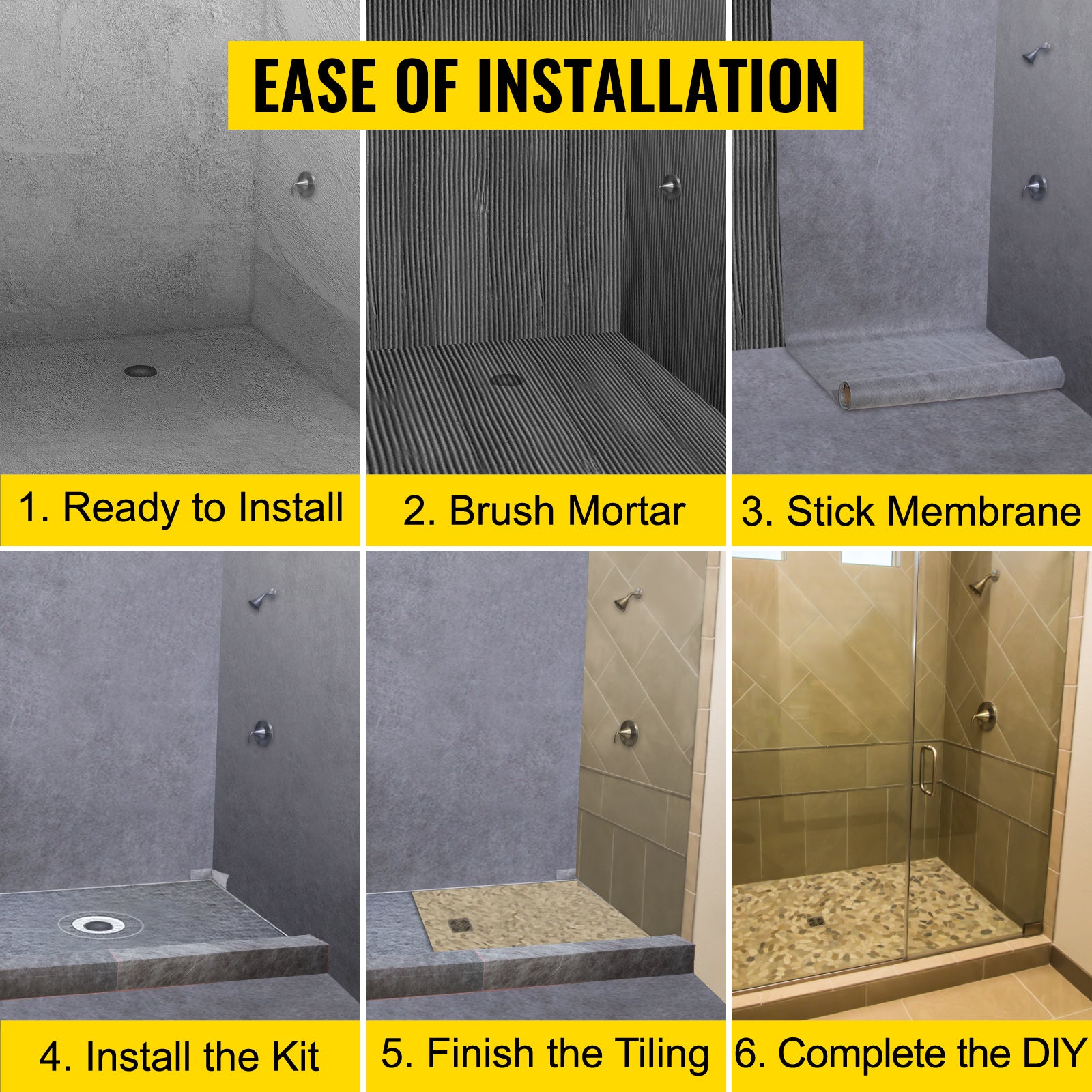 Shower Curb Kit, 38"x60" Watertight Shower Curb Overlay with 4" ABS Central Bonding Flange, 4" Stainless Steel Grate, 2 Cuttable Shower Curb and Trowel, Shower Pan Slope Sticks Fit for Bathroom