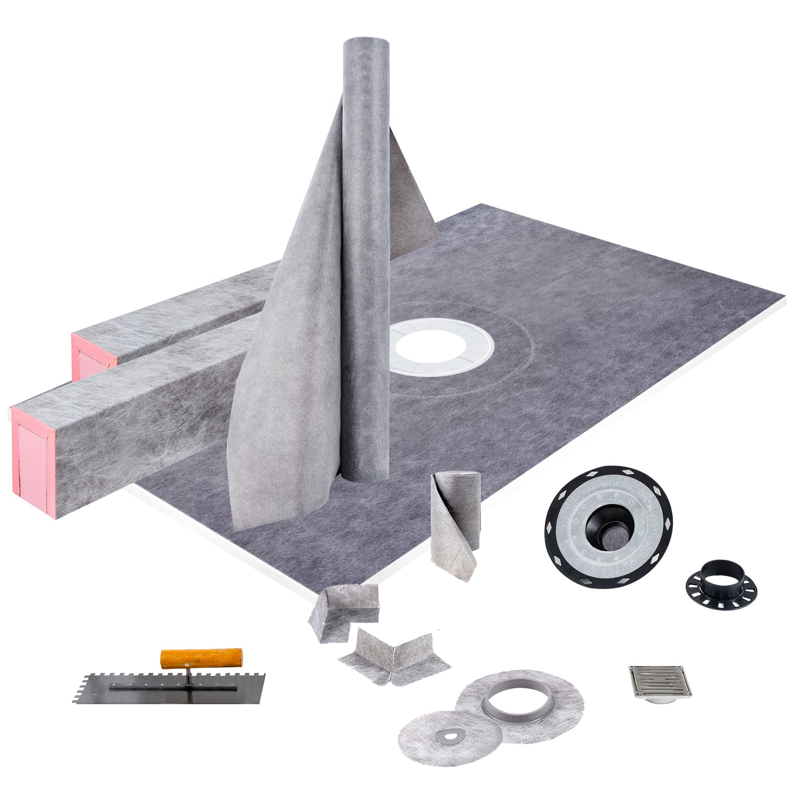 Shower Curb Kit, 38"x60" Watertight Shower Curb Overlay with 4" ABS Central Bonding Flange, 4" Stainless Steel Grate, 2 Cuttable Shower Curb and Trowel, Shower Pan Slope Sticks Fit for Bathroom