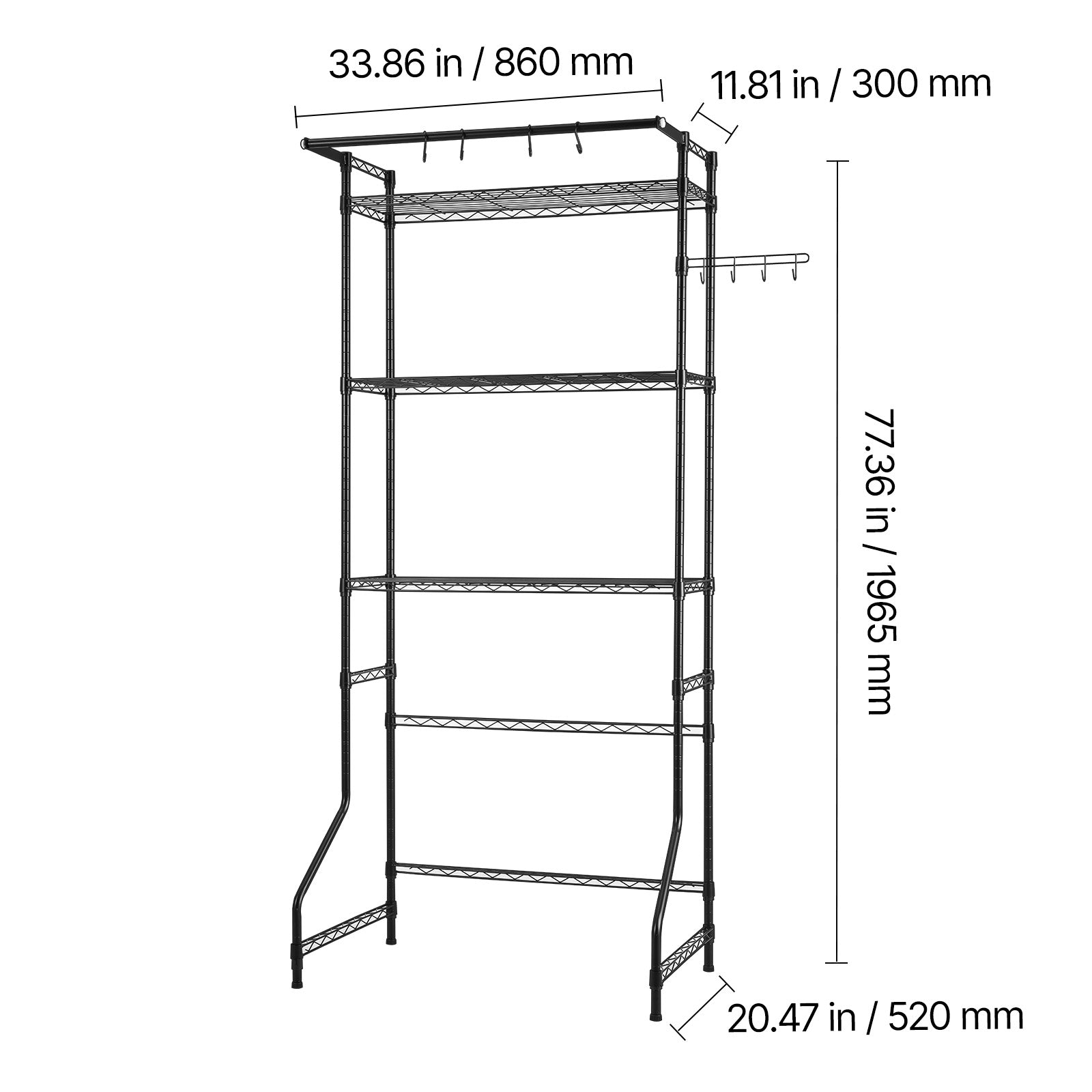 Over Washer and Dryer Storage Shelf, 3 Tiers Laundry Room Drying Rack with Hanger Rod and Hooks, Single Row Adjustable Washer Shelves Space Saver, for Laundry Room Storage & Organization, Black