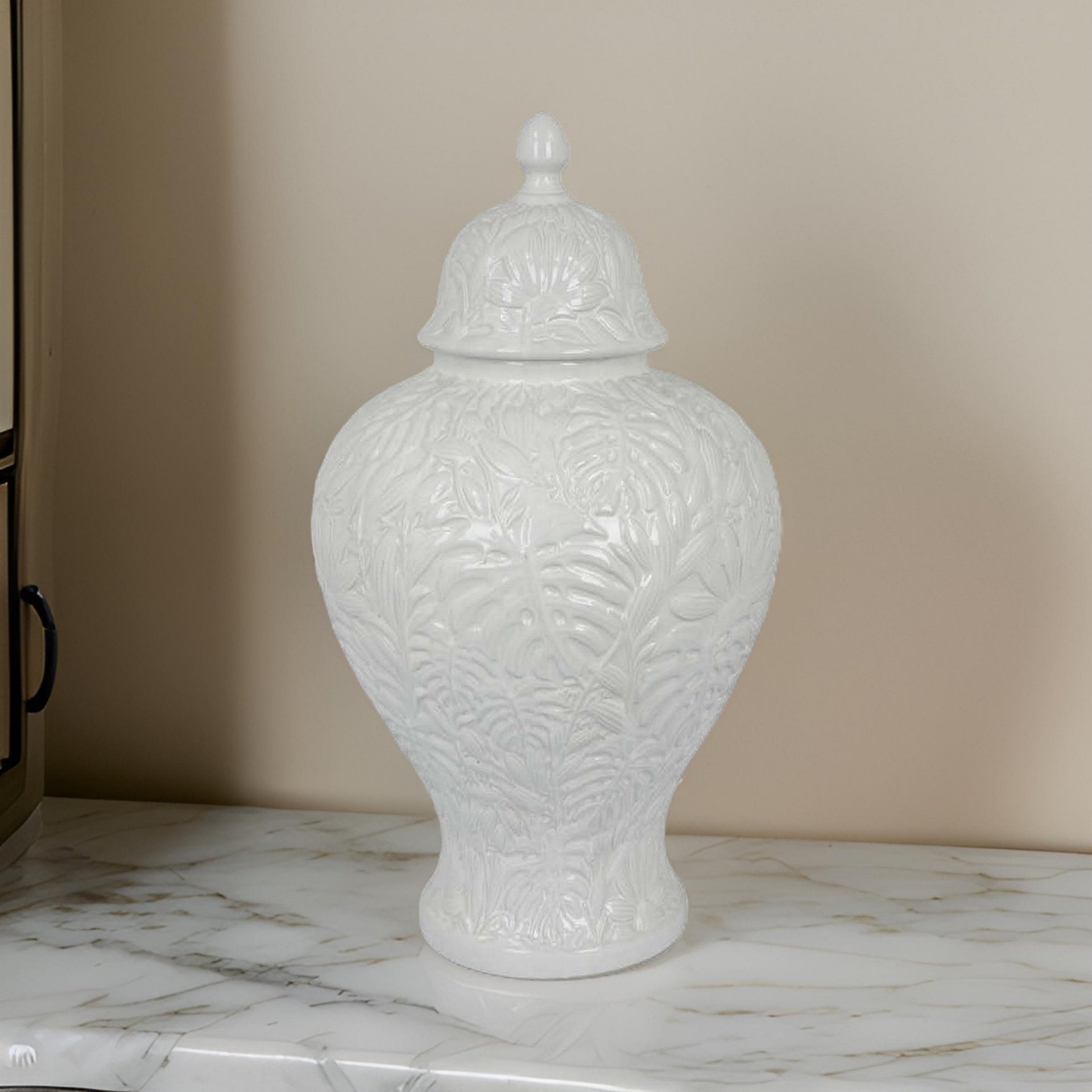 Deni 18 Inch Temple Jar, Embossed Design, Removable Lid, White Finish