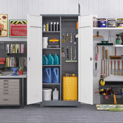 Gray Metal Lockers, Cleaning Tool Cabinets With Locking Doors, High Broom Tool Storage Cabinets, Adjustable Shelves, Large Cabinets For Kitchens, Offices, Shops.(72 Inches)