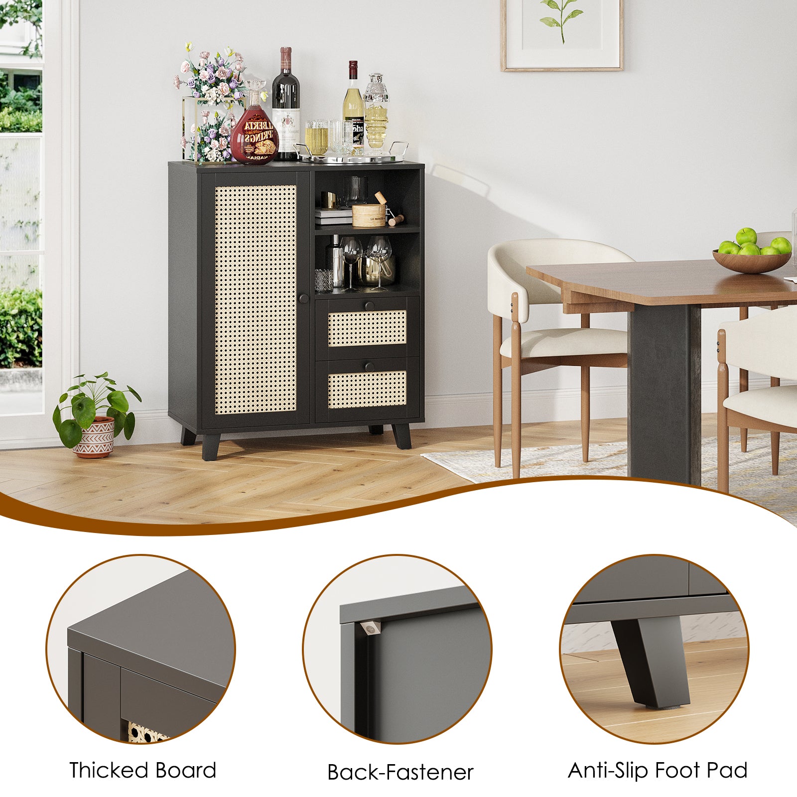 Rattan Buffet Cabinet with Adjustable Shelf, Sideboard with Drawers for Living Room, Kitchen, Entryway