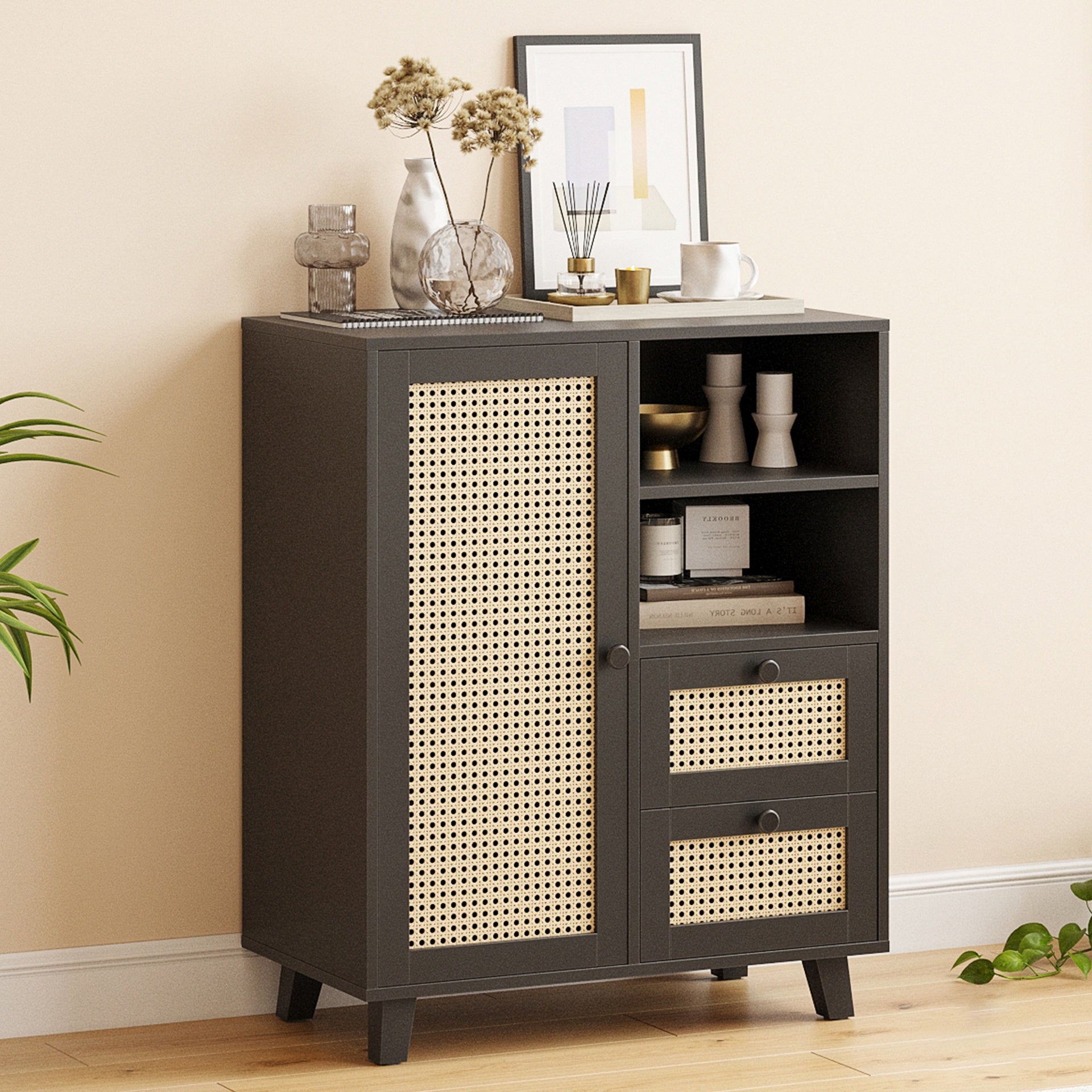 Rattan Buffet Cabinet with Adjustable Shelf, Sideboard with Drawers for Living Room, Kitchen, Entryway