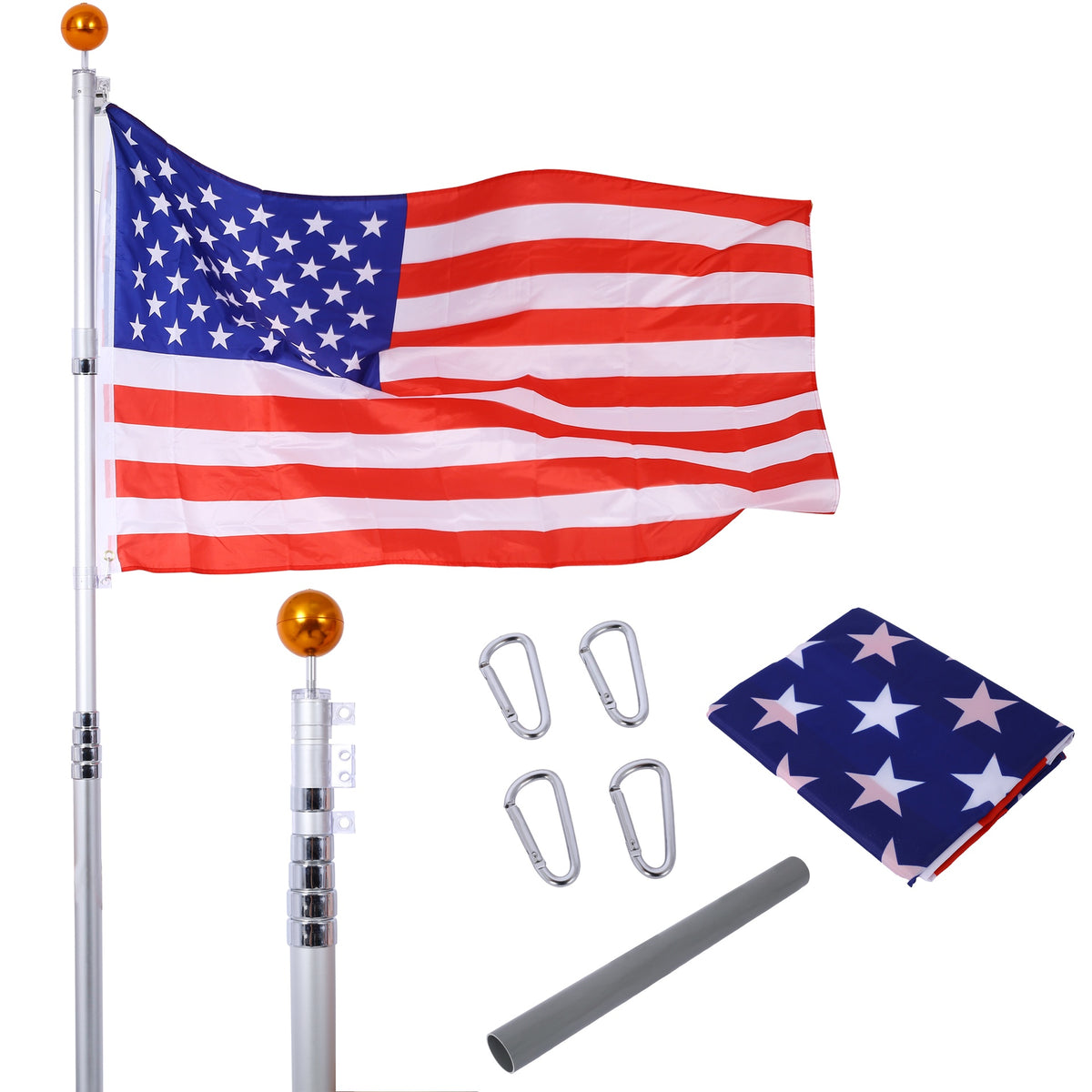 25FT Telescopic Flag Pole Kit – Heavy Duty Aluminum, 3x5 USA Flag Included, 360° Tangle-Free Clips