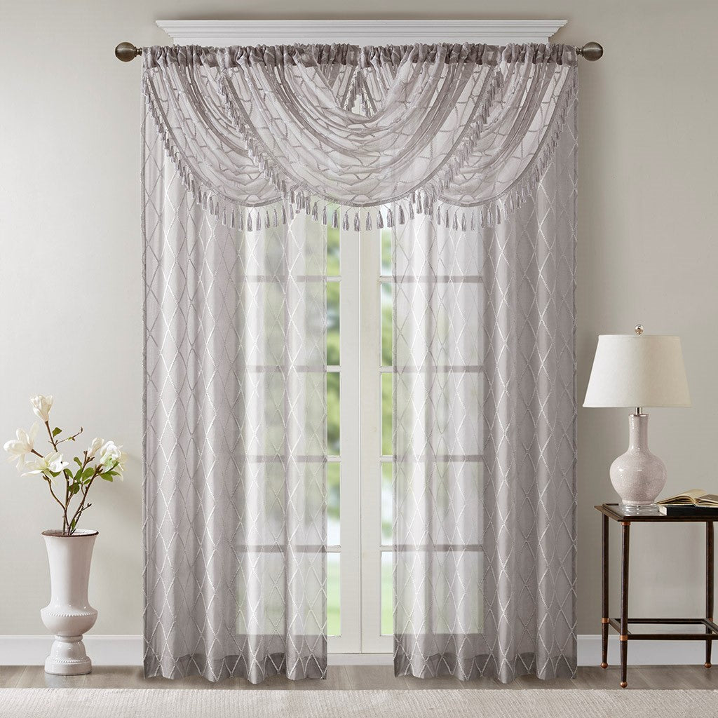 Diamond Sheer Embroidered Waterfall Valance Grey 38x46"
