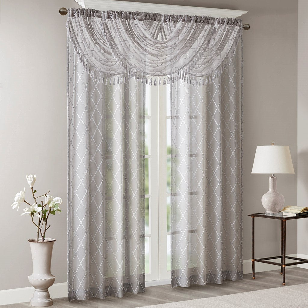Diamond Sheer Embroidered Waterfall Valance Grey 38x46"