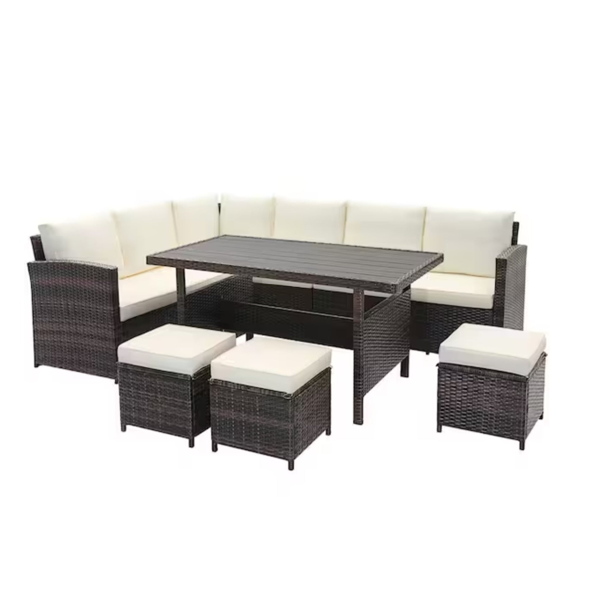 7 Piece  Wicker Outdoor Dining Set,  9-Seat  Outdoor Sectional Beige Cushions Sofa with Ottomans & Dining Table for Porch Backyard Garden