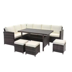7 Piece  Wicker Outdoor Dining Set,  9-Seat  Outdoor Sectional Beige Cushions Sofa with Ottomans & Dining Table for Porch Backyard Garden