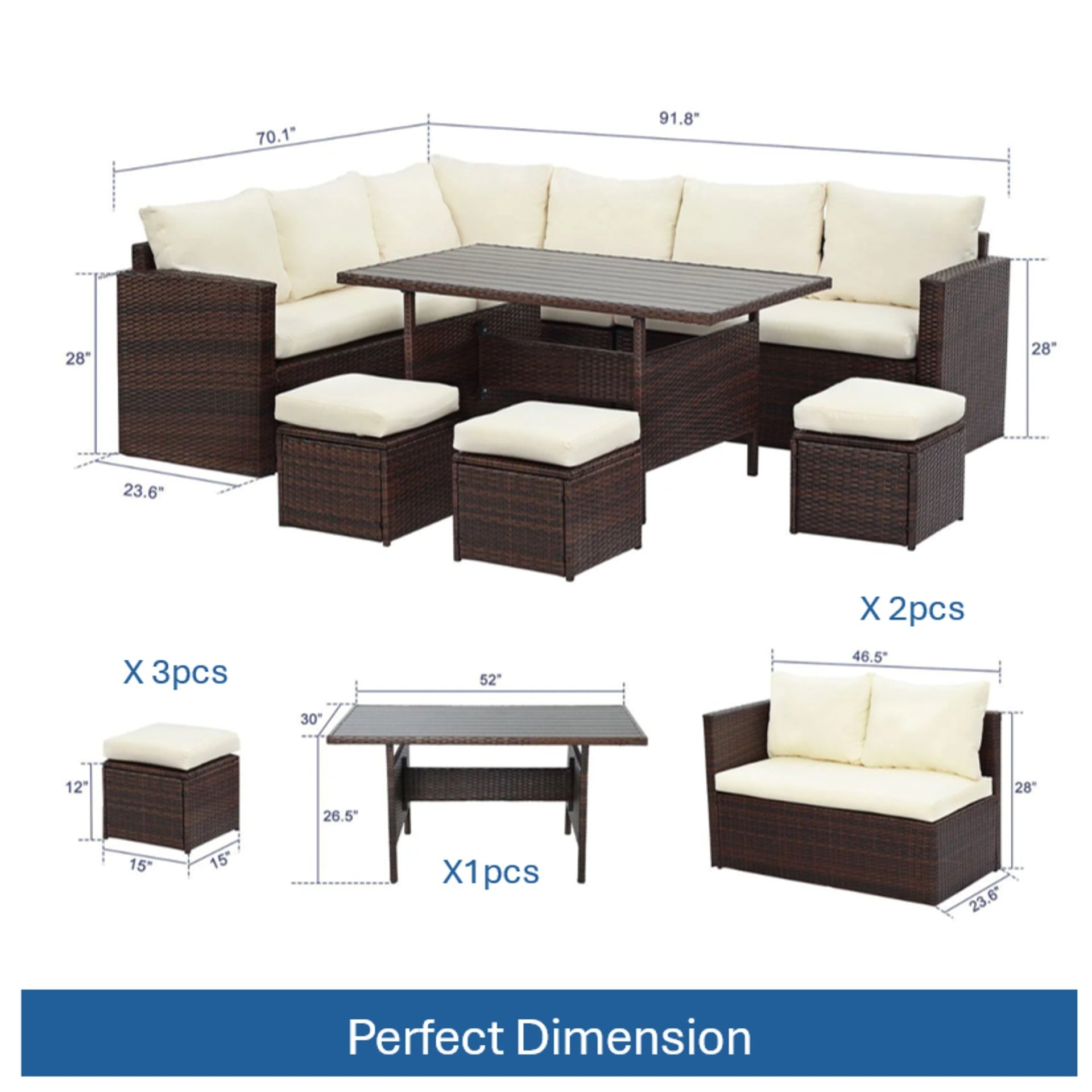 7 Piece  Wicker Outdoor Dining Set,  9-Seat  Outdoor Sectional Beige Cushions Sofa with Ottomans & Dining Table for Porch Backyard Garden