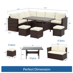7 Piece  Wicker Outdoor Dining Set,  9-Seat  Outdoor Sectional Beige Cushions Sofa with Ottomans & Dining Table for Porch Backyard Garden