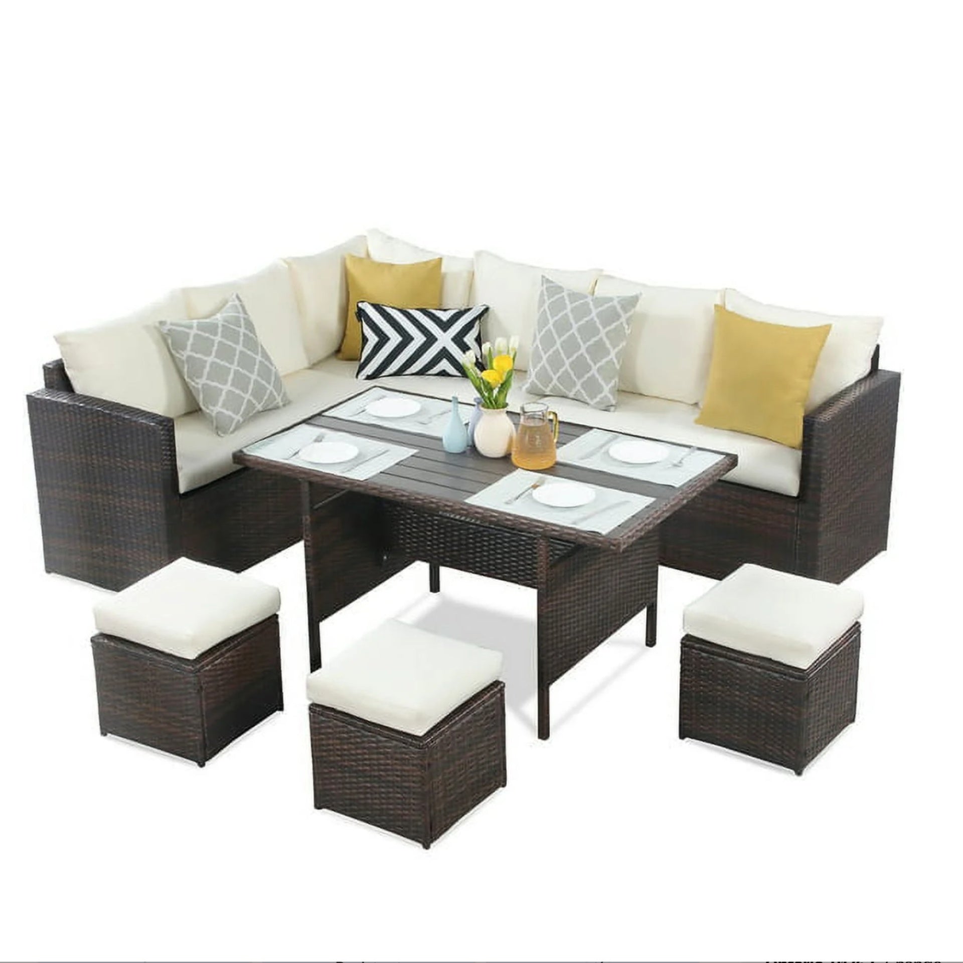 7 Piece  Wicker Outdoor Dining Set,  9-Seat  Outdoor Sectional Beige Cushions Sofa with Ottomans & Dining Table for Porch Backyard Garden