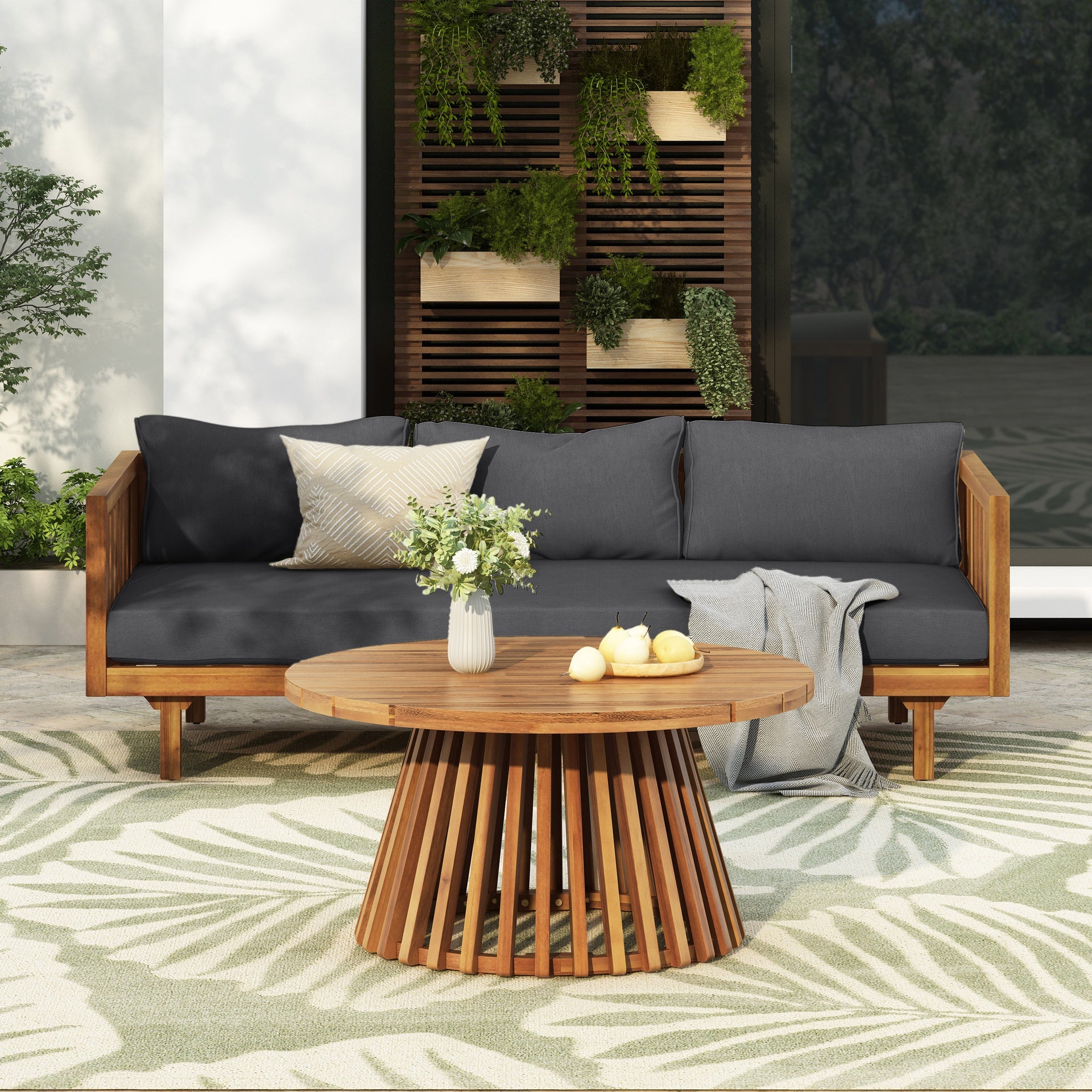 Acacia Wood Patio Furniture Set,Outdoor 3 Seater Daybed(with Water Resistant Thick Cushions)and Round Coffee Table, Dark Grey Cushion