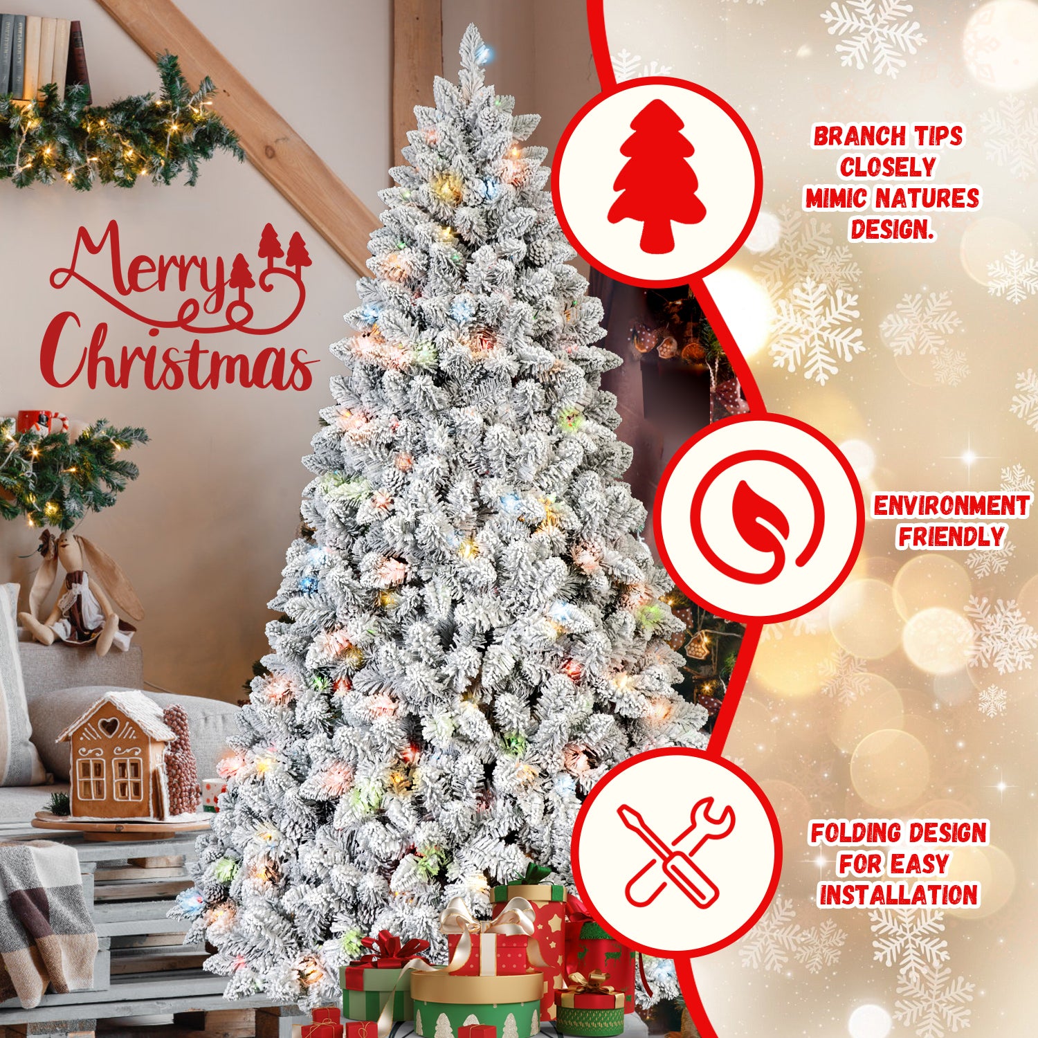 7FT Flocked Christmas Tree with 500 Colorful UL Lights and 45 Natural Pine Cones – 1124 Snowy PVC Tips, Hinged Branches, Stable Metal Stand, Easy Setup