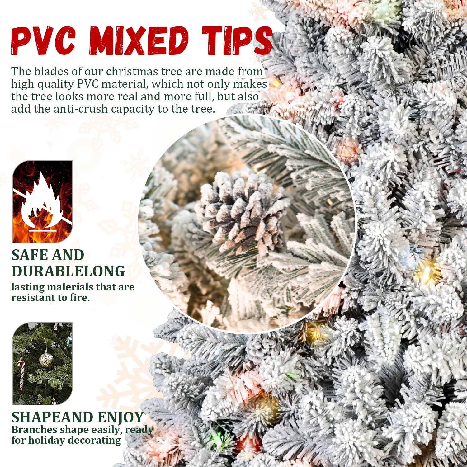 7FT Flocked Christmas Tree with 500 Colorful UL Lights and 45 Natural Pine Cones – 1124 Snowy PVC Tips, Hinged Branches, Stable Metal Stand, Easy Setup